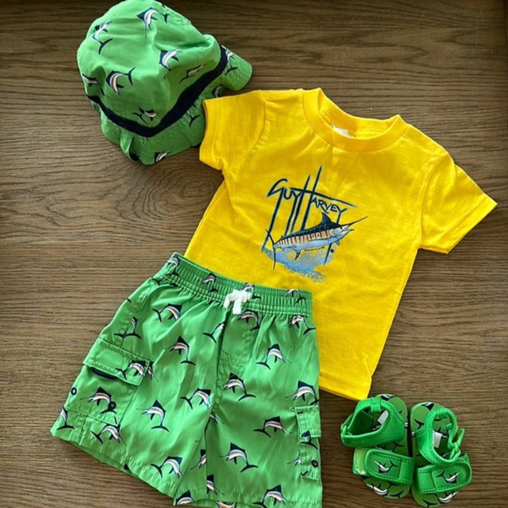 Baby Boy Swim Ensemble GAP Bottoms & accessories and Guy Harvey Shirt NEW